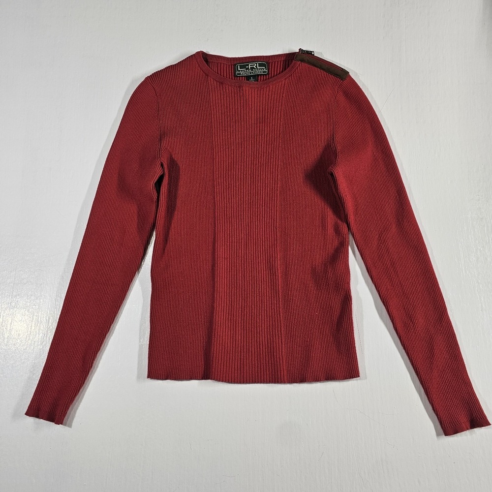 Lauren Ralph Lauren Women's Vintage Ribbed Sweater in Red Shoulder Accent Size L